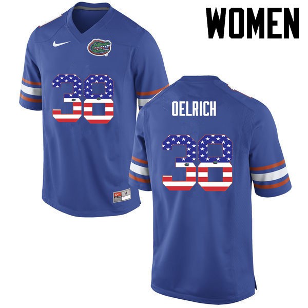 Florida Gators Women #38 Nick Oelrich College Football Jersey USA Flag Fashion Blue
